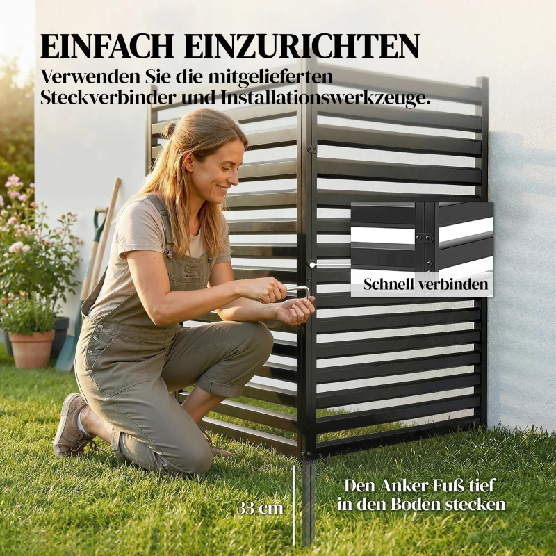 Outsunny Gartenzaun 2 Paneele 91 x 152 cm Metall Sichtschutzzaun mit Pfosten & Schutzkappen rostfreie Schwarz