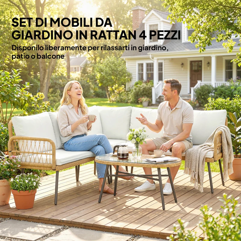 Outsunny Salotto da Giardino 4pz con 2 Divani 2 Posti, Angolo e Tavolino da Caffè, in Acciaio e Rattan, Legno e Crema