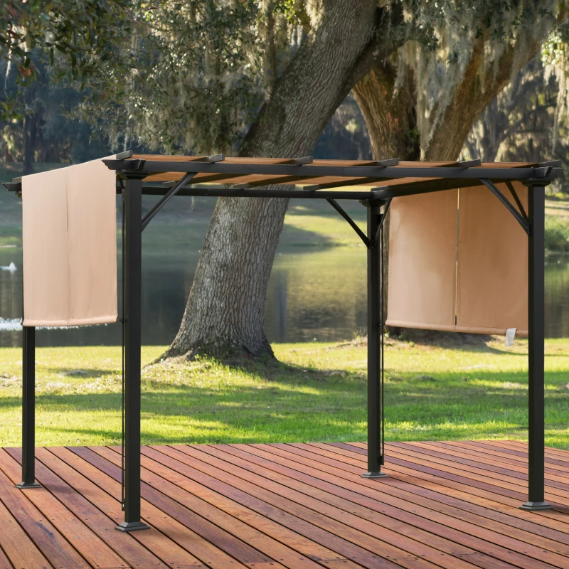 Outsunny Pergola rétractable 3L x 3l x 2H m structure métal époxy anticorrosion noir double toile polyester haute densité beige