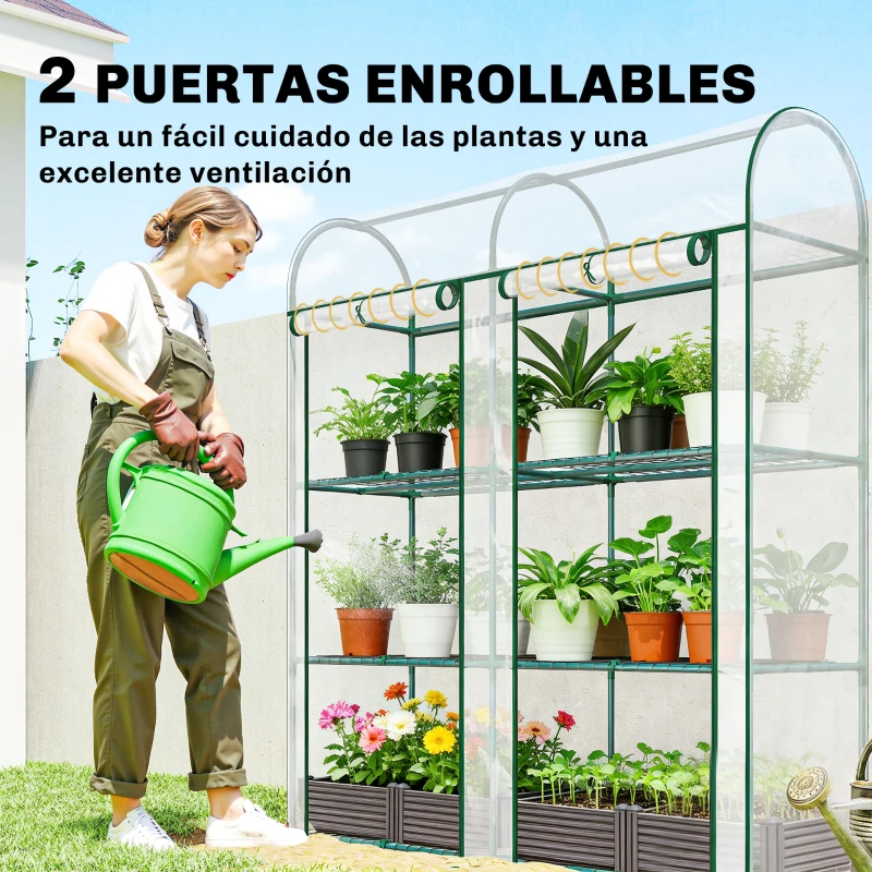 Outsunny Invernadero Pequeño de 3 Niveles 2 Puertas Enrollables Marco de Acero Cubierta de Plástico 143x46x164 cm Transparente