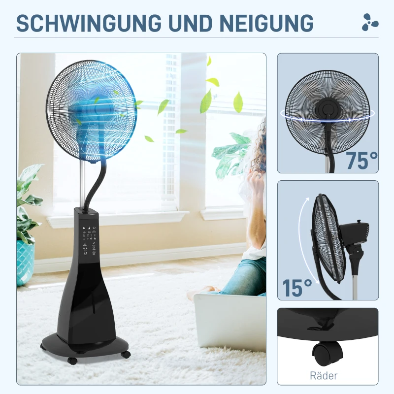 HOMCOM Standventilator mit Luftbefeuchtung, leise, mobil, Fernsteuerung, Schwarz