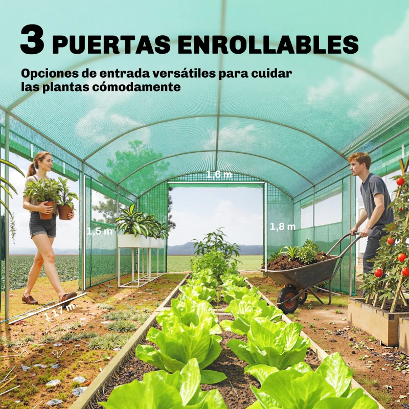 Outsunny Invernadero de Túnel 6x3x2 m con 6 Ventanas de Malla Cubierta de PE Anti-UV y 3 Puertas Enrollables Verde