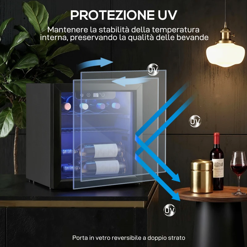 HOMCOM Cantinetta Vino Refrigerata 12 Bottiglie 36L, Temperatura Regolabile 4-16°C con Vetro Anti UV, Nera
