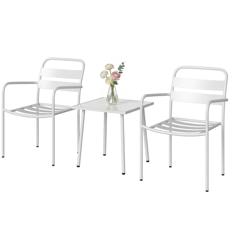 Outsunny Bistroset 3 teiliges Metall Gartenmöbel-Set mit 2 Gartenstühlen, Glastisch, Lamellen-Design, Rostbeständig