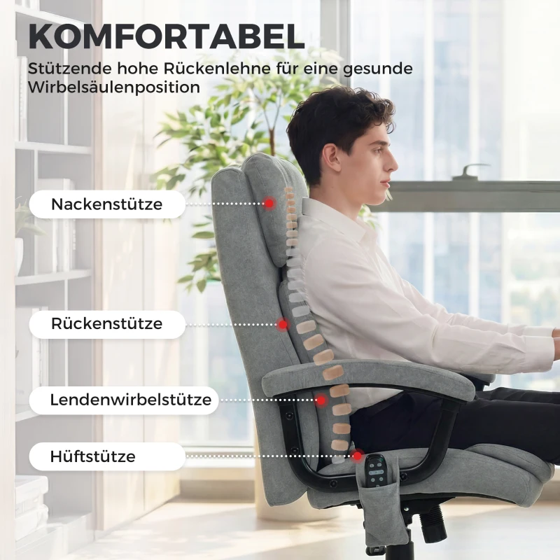 HOMCOM Ergonomischer Massage-Bürostuhl mit 4 Knetpunkten, Chefsessel mit hoher Butterfly-Rückenlehne, breitem Sitz, Grau