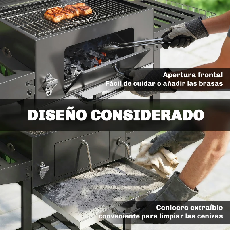 Outsunny Barbacoa de Carbón con Bandeja Ajustable Estantes Plegables Ruedas Termómetro Tapa Chimenea Ventilaciones y Cesta