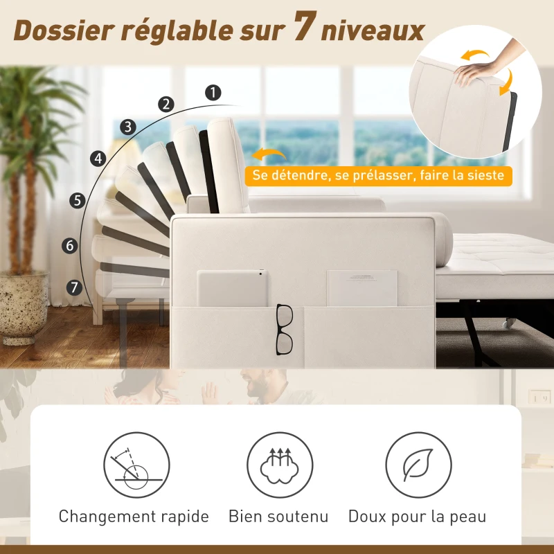 HOMCOM Canapé convertible 2 places 3 en 1 canapé-lit avec lit gigogne double dossier réglable 2 coussins 80,5x137,5x84cm beige