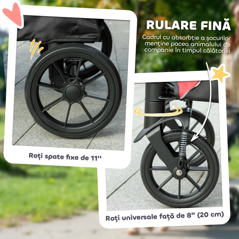 PawHut Cărucior Pliabil pentru Câini de Talie Mare cu Ferestre din Plasă, Pernă și Lesă, 124x67x100 cm, Negru