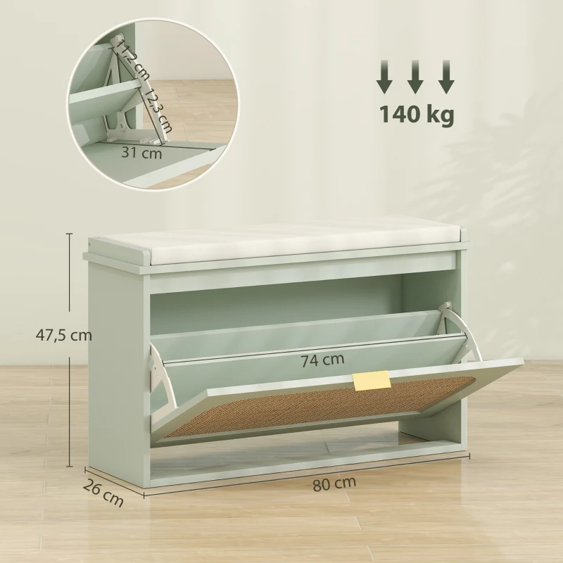 HOMCOM Banco para zapatos, banco de almacenamiento, asiento acolchado, cajón abatible, puerta de ratán, 80 x 26 x 47,5 cm, verde