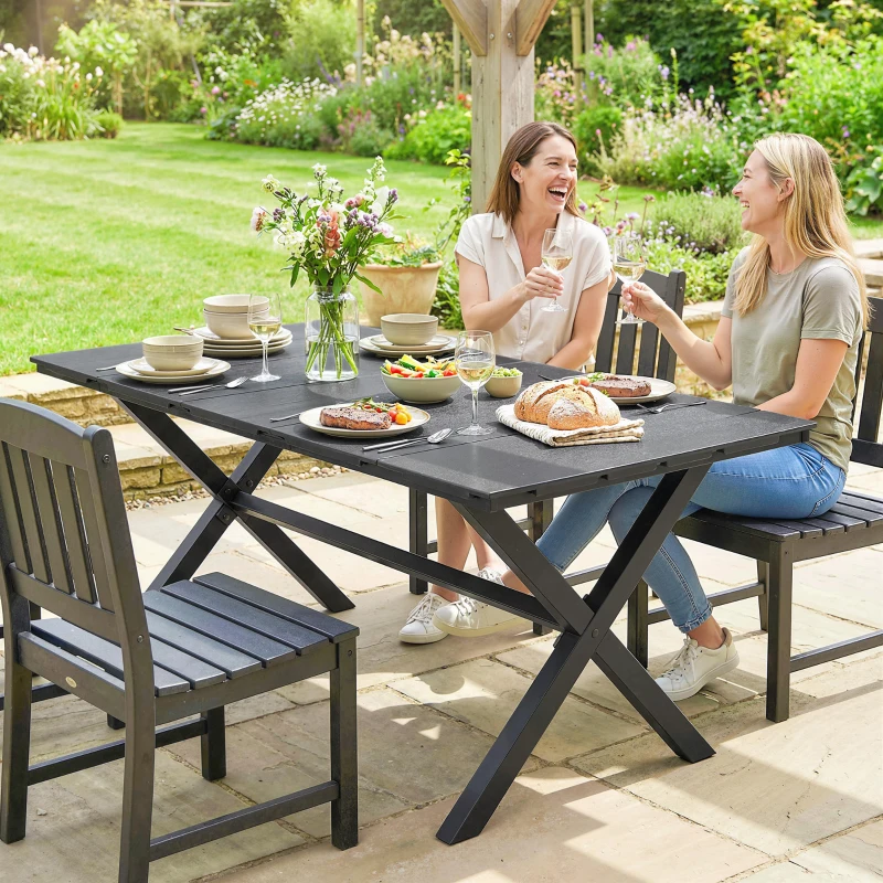 Outsunny Mesa de Comedor de Jardín para 6 Personas con Superficie de HDPE de Listones Estructura Metálica 150x90x74 cm Negro