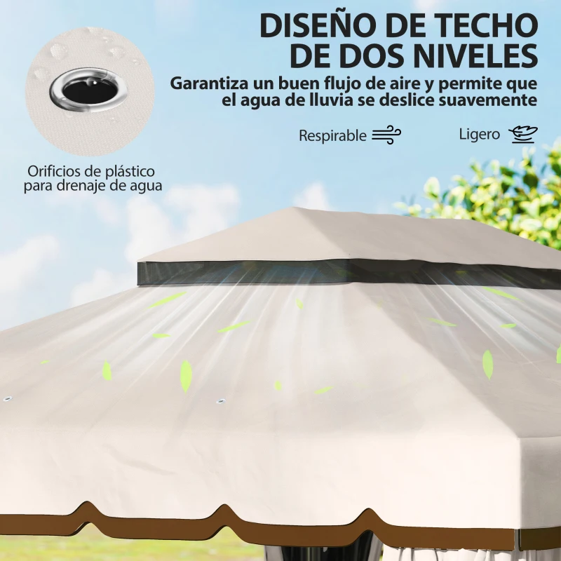 Outsunny Cenador de Jardín 4x3m Pabellón de Jardín Gazebo con Doble Techo 4 Cortinas y Mosquitera Marco de Aluminio UPF50+ Crema