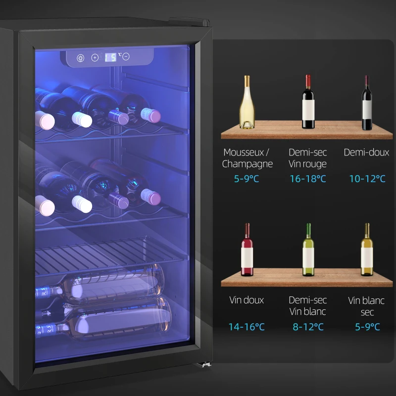 HOMCOM Cave à vin 24 bouteilles 68L, réfrigérateur à vin et boissons avec température réglable 4-16 °C, porte réversible, noir