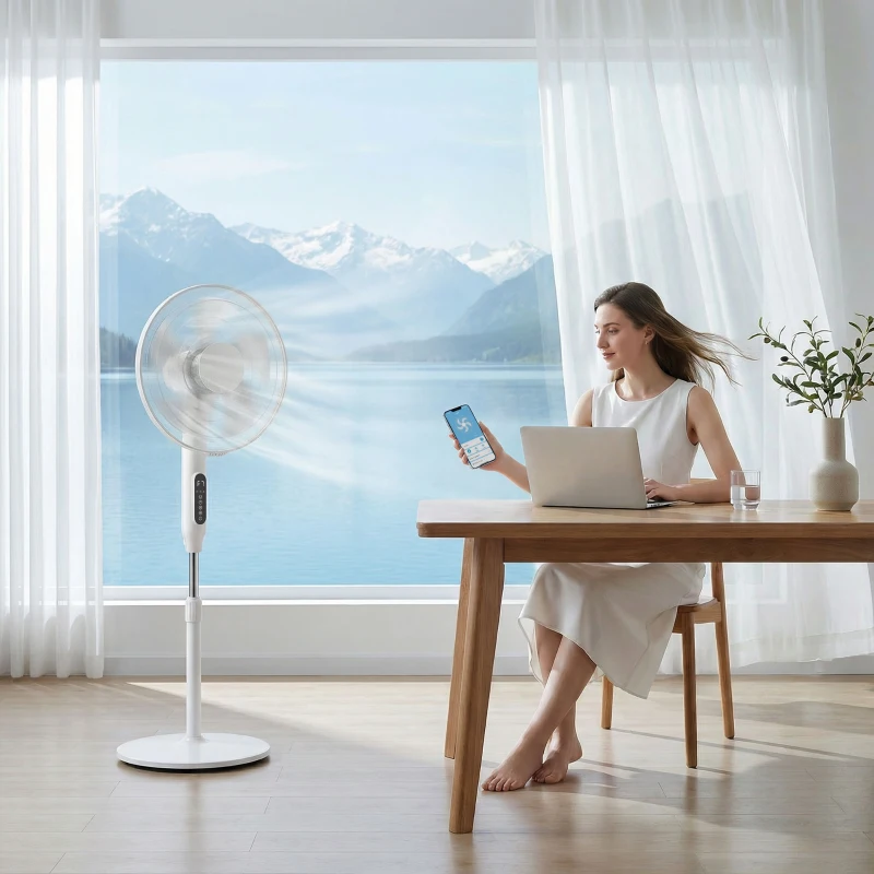 HOMCOM Ventilateur sur pied contrôlé par APP, ventilateur 45 cm avec télécommande, 3 vitesses, 3 modes, hauteur réglable, blanc