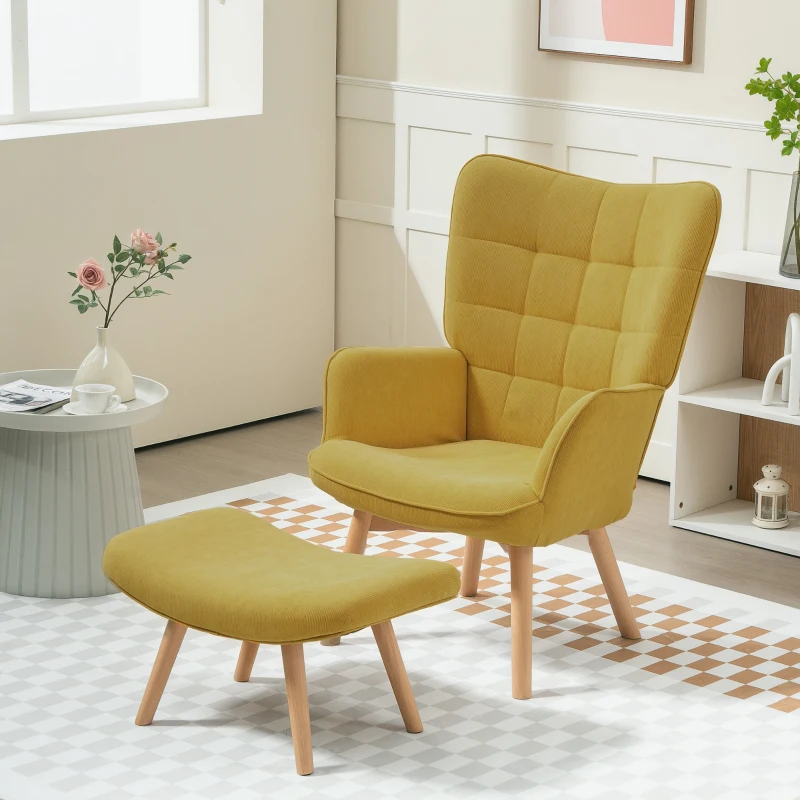 HOMCOM Akzentsessel mit Hocker, Relaxsessel in Cord-Optik, Armlehnstuhl mit Holzbeinen, für Wohnzimmer, Orange(m-2)