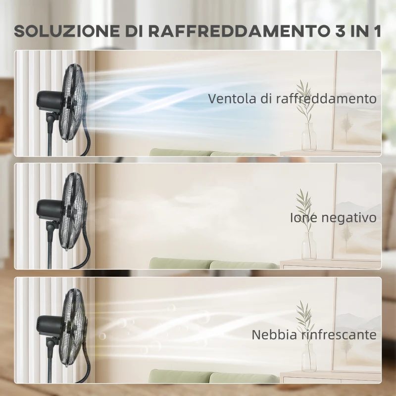 HOMCOM Ventilatore a Piantana 3 in 1 Oscillante con Nebulizzatore d'Acqua, Telecomando e Timer 9h, 45x38x130 cm, Nero
