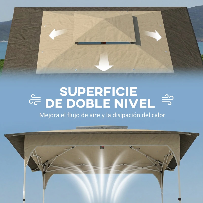 Outsunny Carpa Plegable 3,5x3,5 m Pop-up con Altura Ajustable 3 Niveles Doble Techo Cierre Central y Bolsa UPF50+ Caqui