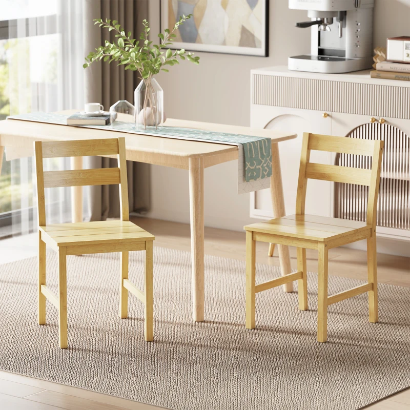 HOMCOM Lot de 2 chaises de salle à manger en bambou, chaises de cuisine sans accoudoirs avec assise à lattes, bois naturel