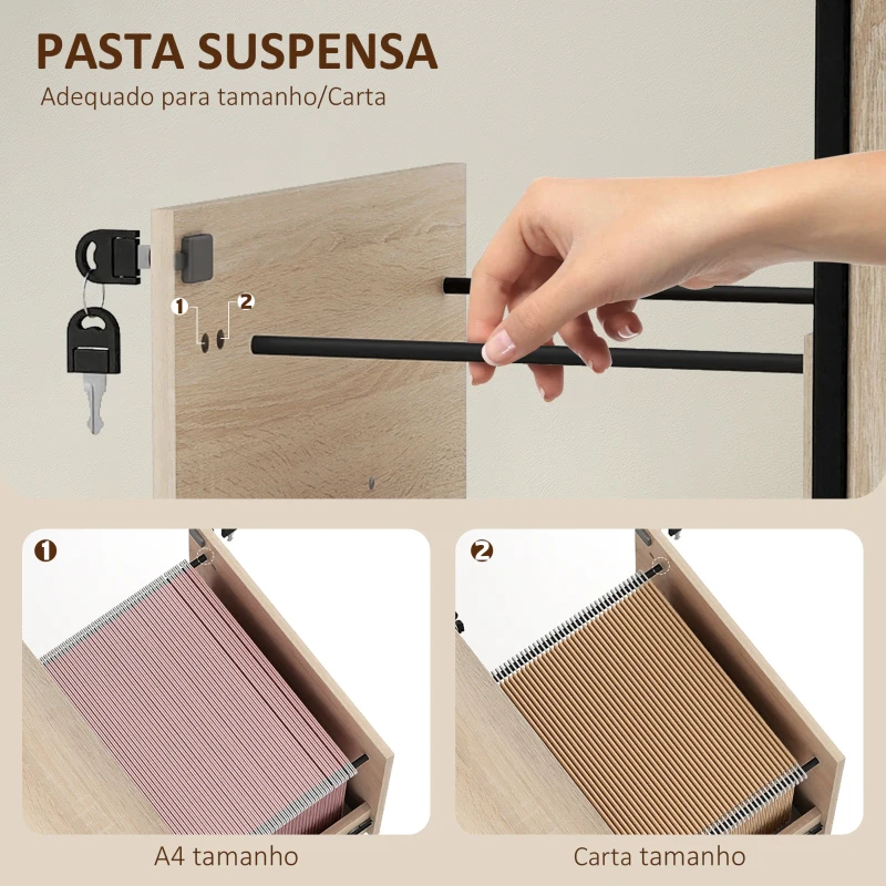 Vinsetto Arquivador com Fechadura Rodas 2 Gavetas Barra Suspensa para Papéis A4 e Carta e 2 Chaves 44x40x66,5 cm Madeira