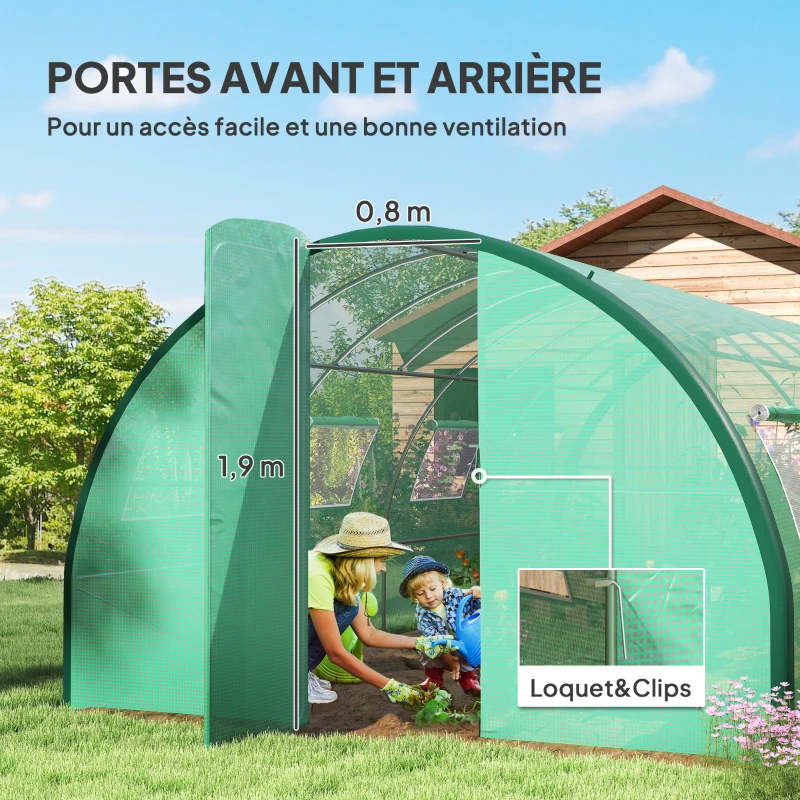 Outsunny Serre de jardin tunnel serres tunnel 18 m² 8 fenêtres 2 portes articulées toile PE structure en fer galvanisé vert