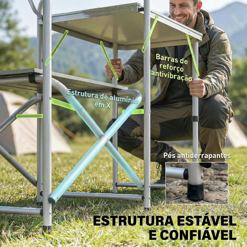 Outsunny Móvel de Cozinha para Campismo Dobrável com 3 Mesas 4 Ganchos Poste de Luz e Bolsa de Transporte 172x48x119 cm Verde