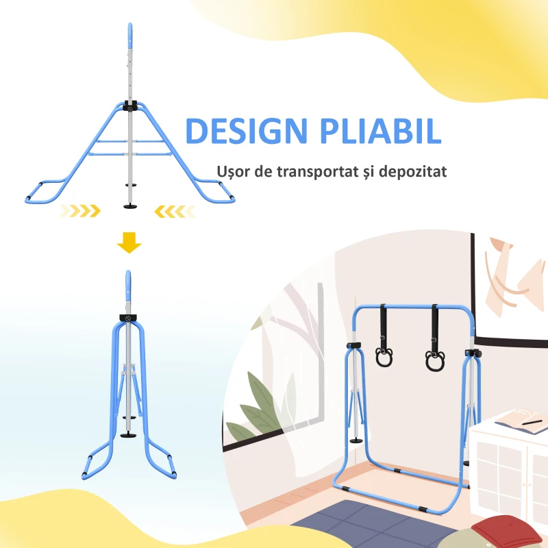 HOMCOM Bară de Gimnastică Ajustabilă, Pliabilă, pentru Copii 3+ Ani, cu Covorașe Antiderapante, Roz