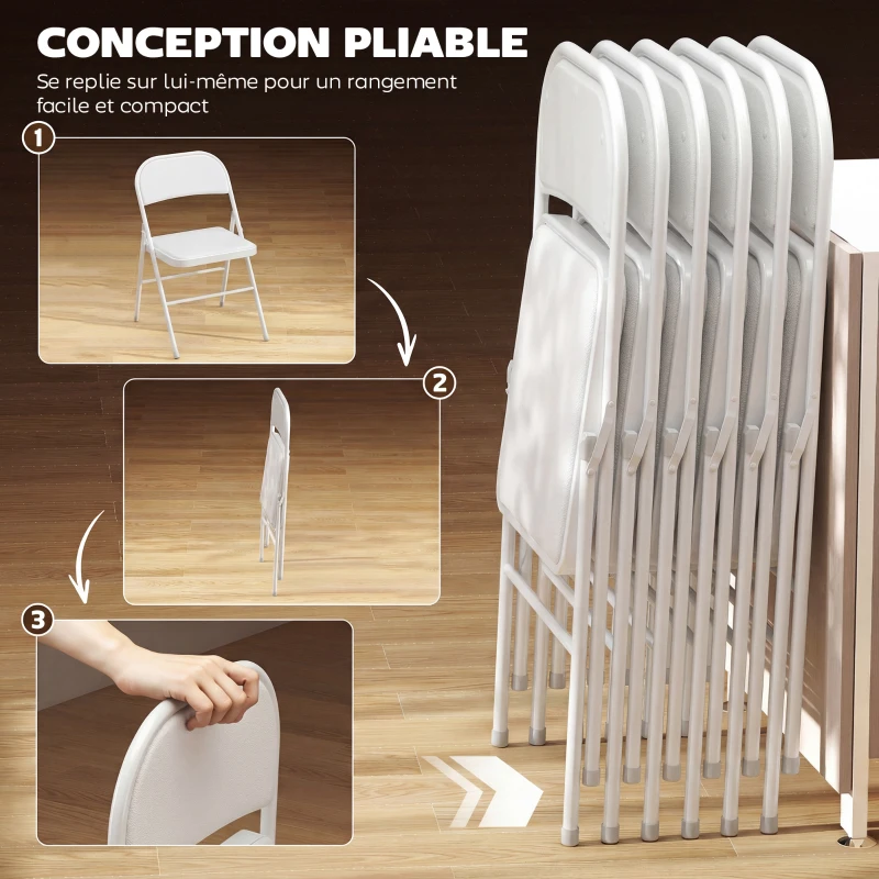 HOMCOM Lot de 6 chaises pliantes chaises de salle à manger portables cadre en acier 45 x 46 x 78 cm blanc