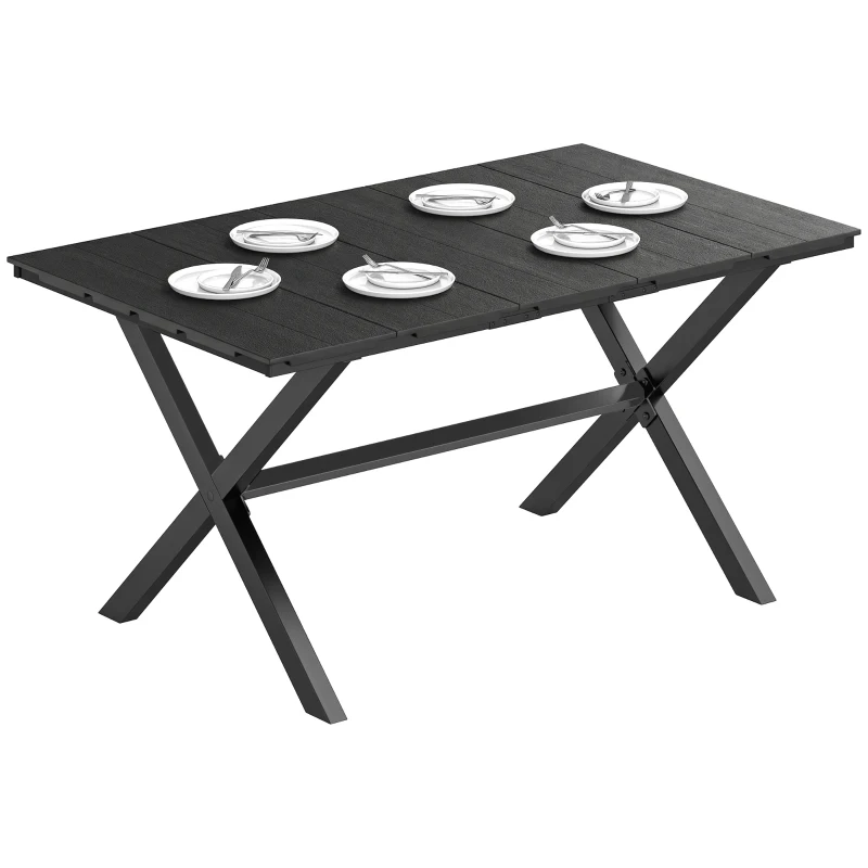 Outsunny Mesa de Comedor de Jardín para 6 Personas con Superficie de HDPE de Listones Estructura Metálica 150x90x74 cm Negro