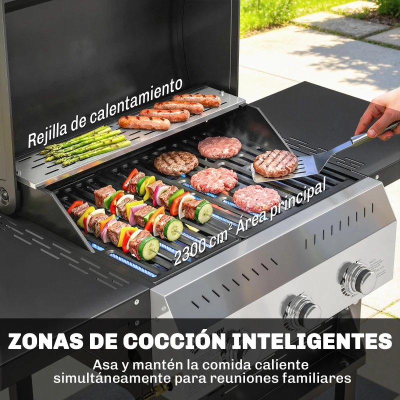 Outsunny Barbacoa de Gas con 3 Quemadores Termómetro Parrilla Mesas Laterales Plegables Estante y Ruedas 123x57x102 cm Negro