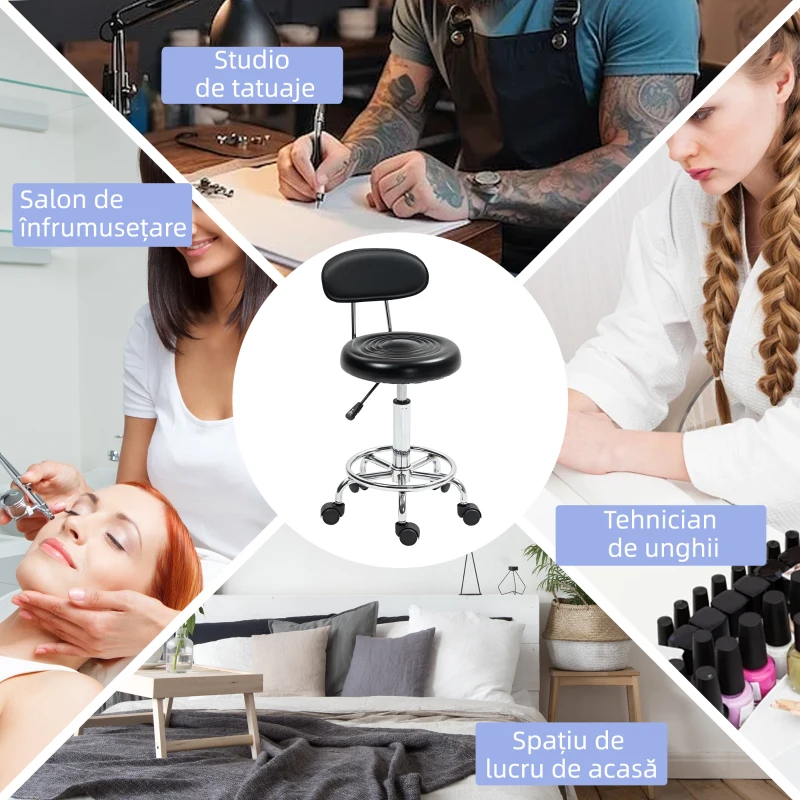 HOMCOM Scaun Rotativ Reglabil la 360°, Scaun Estetician cu Spătar, Roți și Suport pentru Picioare, din Oțel, Piele Sintetică, 32x40x70-86 cm, Negru
