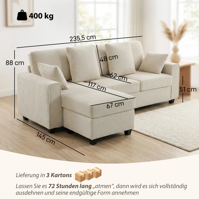 HOMCOM Ecksofa mit umkehrbarer Chaiselongue, 3-Sitzer Sofa mit Samtoptik, breite und tiefe Sitzfläche, Federkissen, Beige