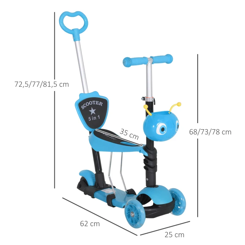 HOMCOM Trotinete 5 em 1 para Crianças com 3 Rodas Assento Removível e Guiador Ajustável Carga Máxima 50 kg 62x25x72,5 cm Azul