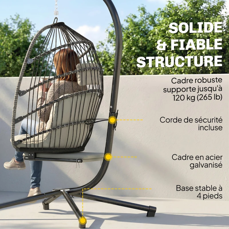 Outsunny Fauteuil suspendu avec support, chaise suspendue pliante avec repose-pieds rétractable, gris clair