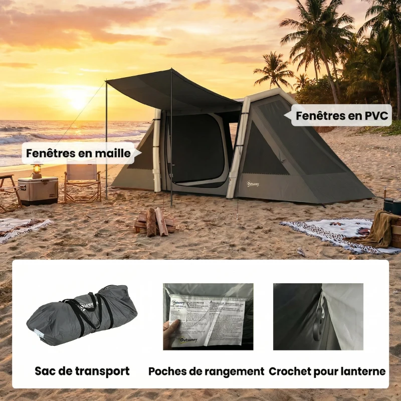Outsunny Tenda gonfiabile 4 persone oscurante con 2 camere, 580 cm, Grigio scuro
