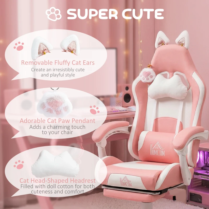 HOMCOM Cat Ear and Paw Reclining Office Chair, with Footrest - Pink/White