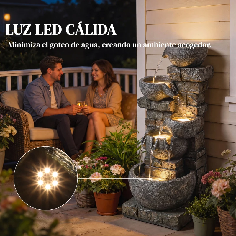 Outsunny Fuente de Jardín con Iluminación LED y Bomba Fuente Decorativa en Cascada de 5 Niveles 334x36x80 cm Multicolor