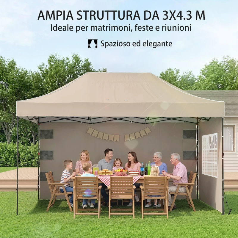 Outsunny Gazebo Pop Up Pieghevole con Pareti Laterali e Finestre, 2.9x4.3 m, in Metallo e Tessuto Oxford, Marrone Sabbia