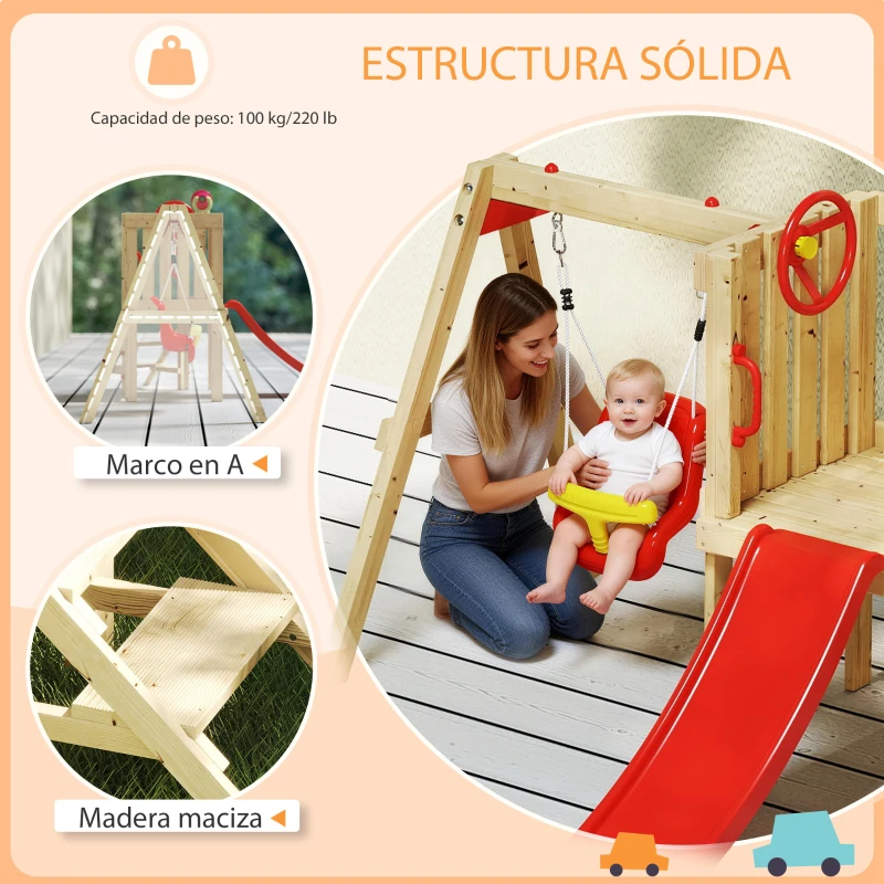 Outsunny Parque Infantil Exterior de Madera con Columpio Tobogán Volante Bocina Teléfono para Patio Césped Rojo y Natural