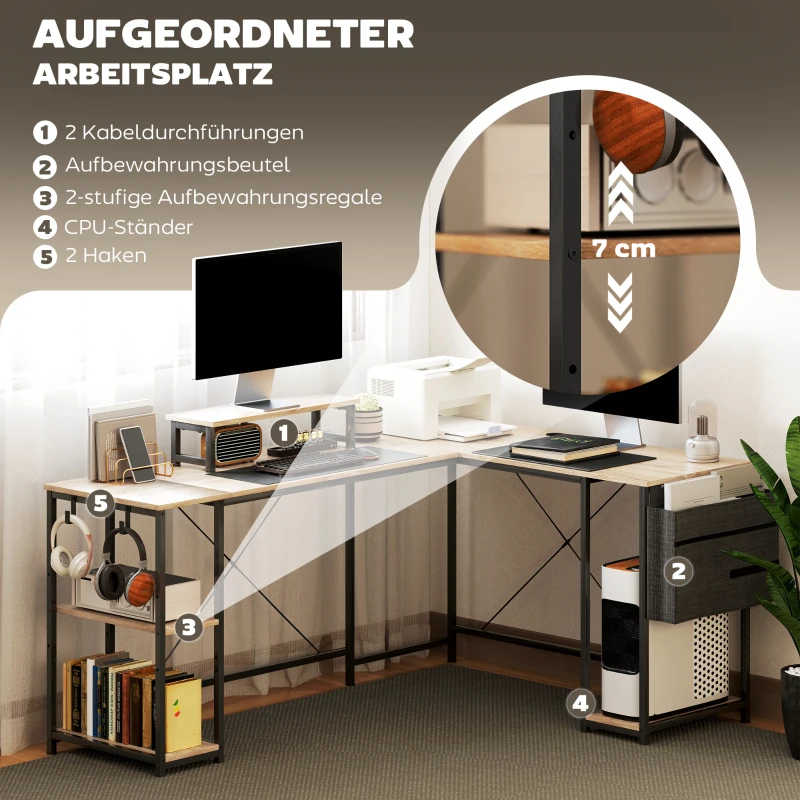 HOMCOM L-förmiger Schreibtisch, Vielseitiger Bürotisch mit einstellbaren Regalen und Aufbewahrungstasche, Monitorständer, Natur