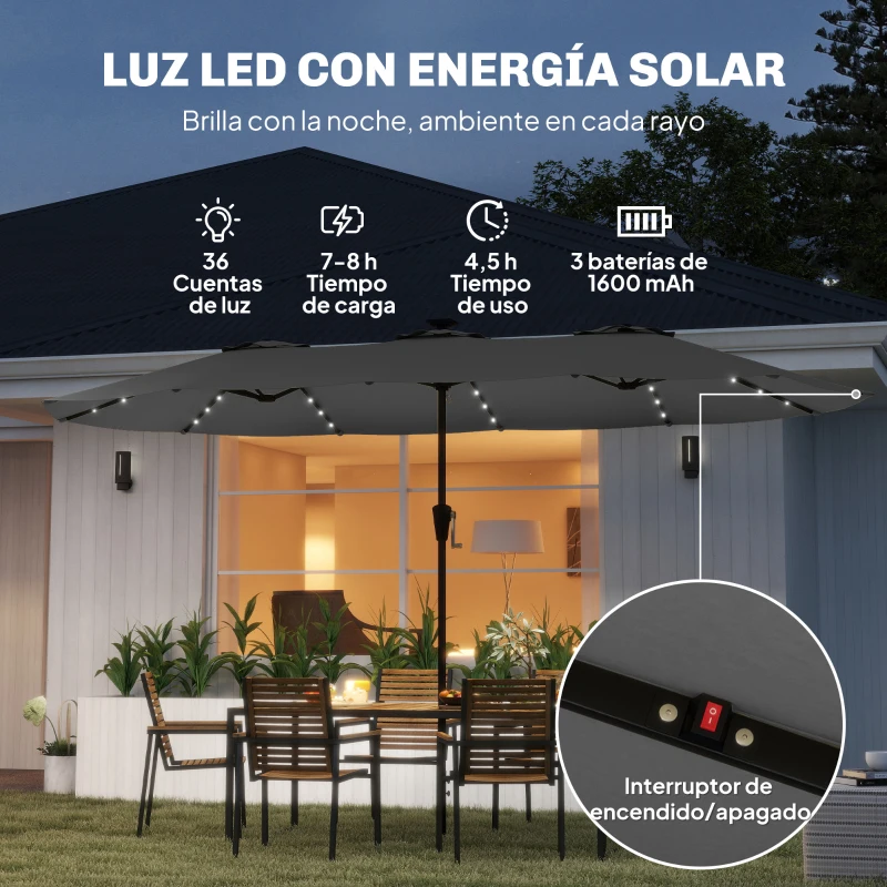 Outsunny Sombrilla Doble de Jardín 4x2 m con 36 Luces LED UPF50+ Manivela 12 Varillas  Resistente al Agua Gris Oscuro