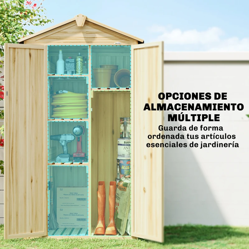 Outsunny Caseta de Jardín de Madera 93x53x168 cm Armario para Herramientas con 4 Estantes 3 Puertas y Ganchos Madera Natural
