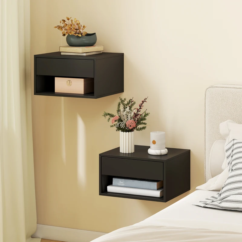 HOMCOM Lot de 2 tables de chevet murales, tables de nuit, tiroir, compartiment ouvert, plateau, 37 x 32 x 21 cm, noir