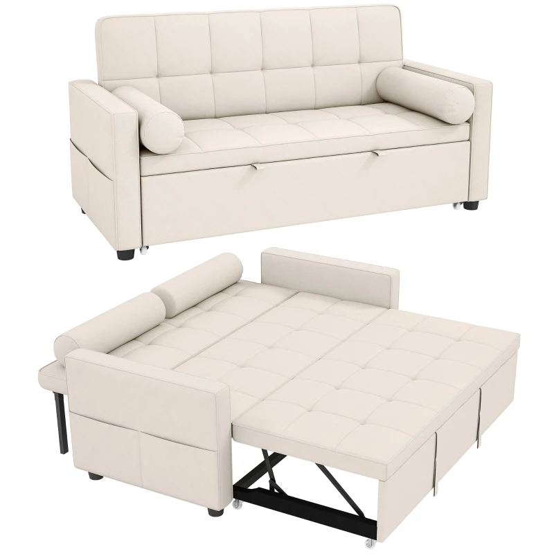 HOMCOM Canapé convertible 2 places 3 en 1 canapé-lit avec lit gigogne double dossier réglable 2 coussins 80,5x137,5x84cm beige