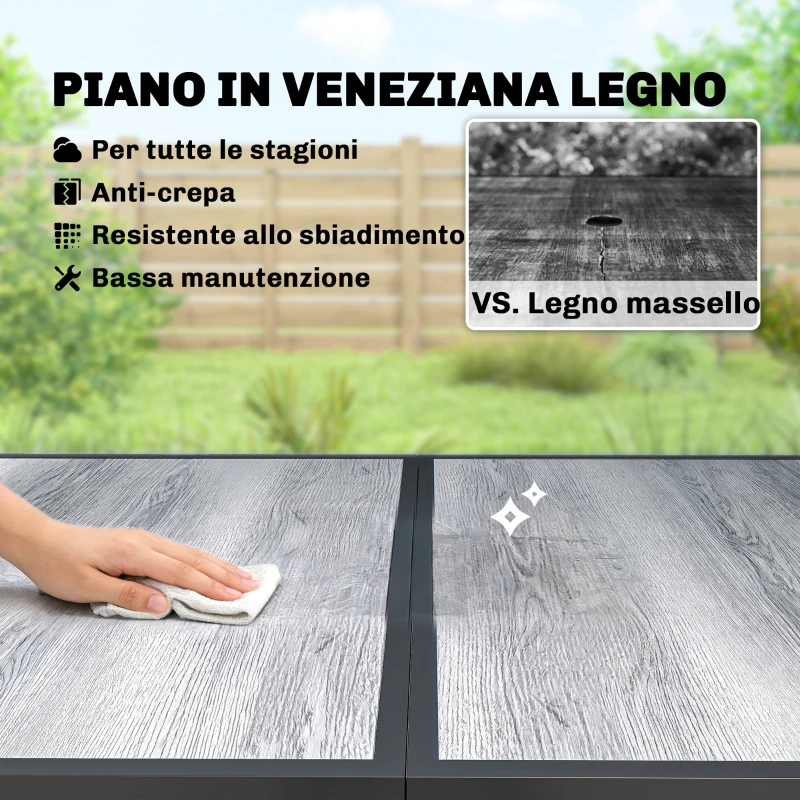 Outsunny Tavolo da Giardino 4-6 Persone con Piano Effetto Legno, in Acciaio e Plastica PSPC, 150x80x74 cm, Grigio e Nero