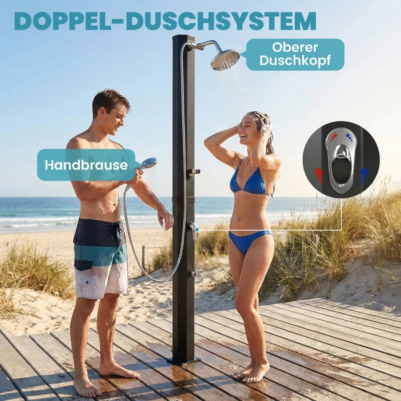 Outsunny Solardusche 35L Gartendusche mit Frostschutz schwenkbarem Regenduschkopf Wasserhahn, Gartenschlauch-Anschluss