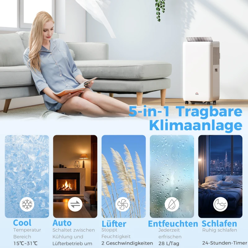 HOMCOM Mobiles Klimagerät mit Abluftschlauch 12.000 BTU 3,5 kW, 5-in-1, 24h-Timer, Fernbedienung bis 35㎡