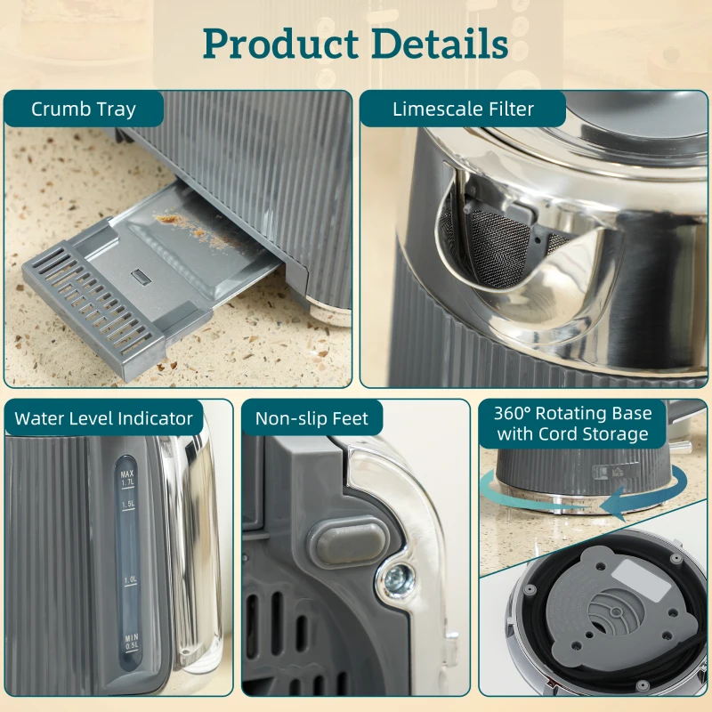 HOMCOM Szybki czajnik 2200 W, 1,7 l z filtrem odkamieniającym i toster na 4 kromki z 7 poziomami przyrumienienia, szary