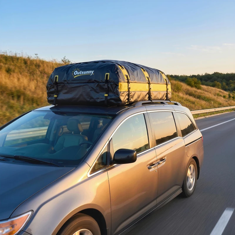 Outsunny Car Roof Bag, 21 Cubic Feet Waterproof Soft Car Roof Box Roofing Cargo Carrier w/ Reflective Arrows, Door Hooks, Yellow
