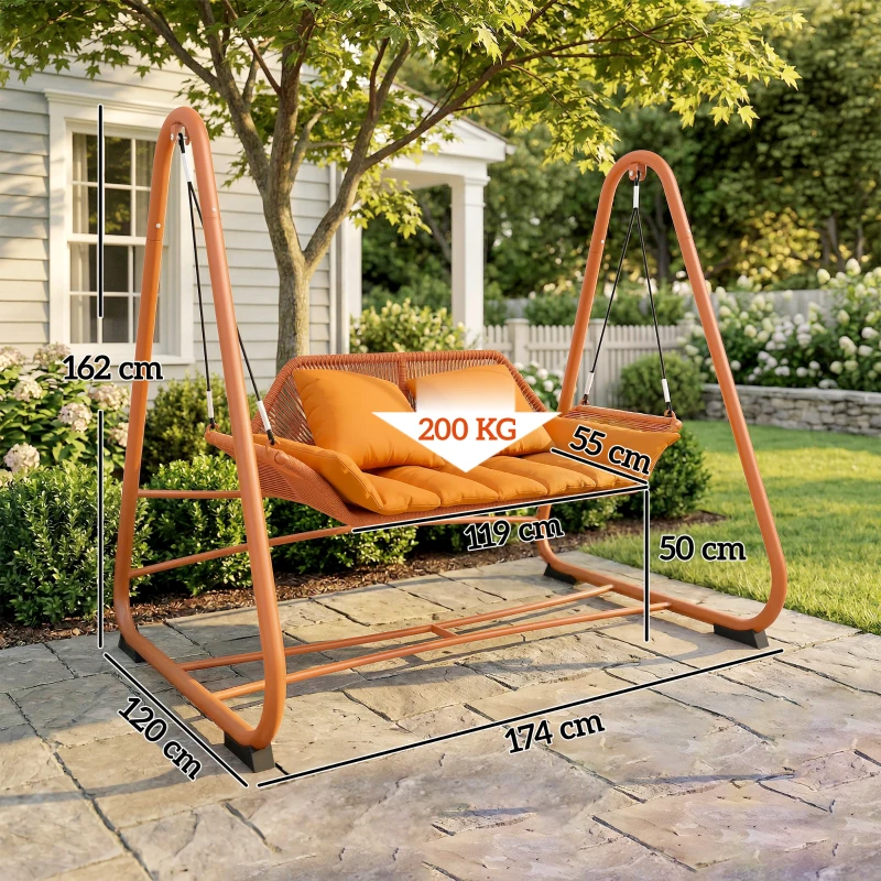 Outsunny Hollywoodschaukel, Gartenschaukel mit Kissen, Gestell, für Garten, Balkon, 174 x 120 x 162 cm, Metall, Terrakotta