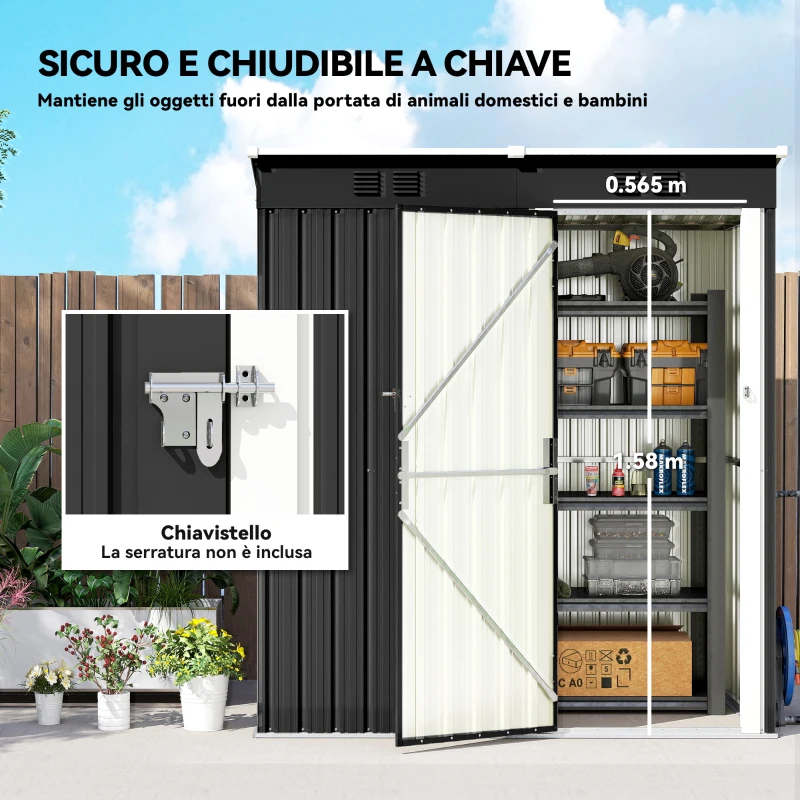 Outsunny Capanno Giardino Metallo 163x90x179 cm, Porta Chiudibile, Prese d'Aria, Grigio Scuro