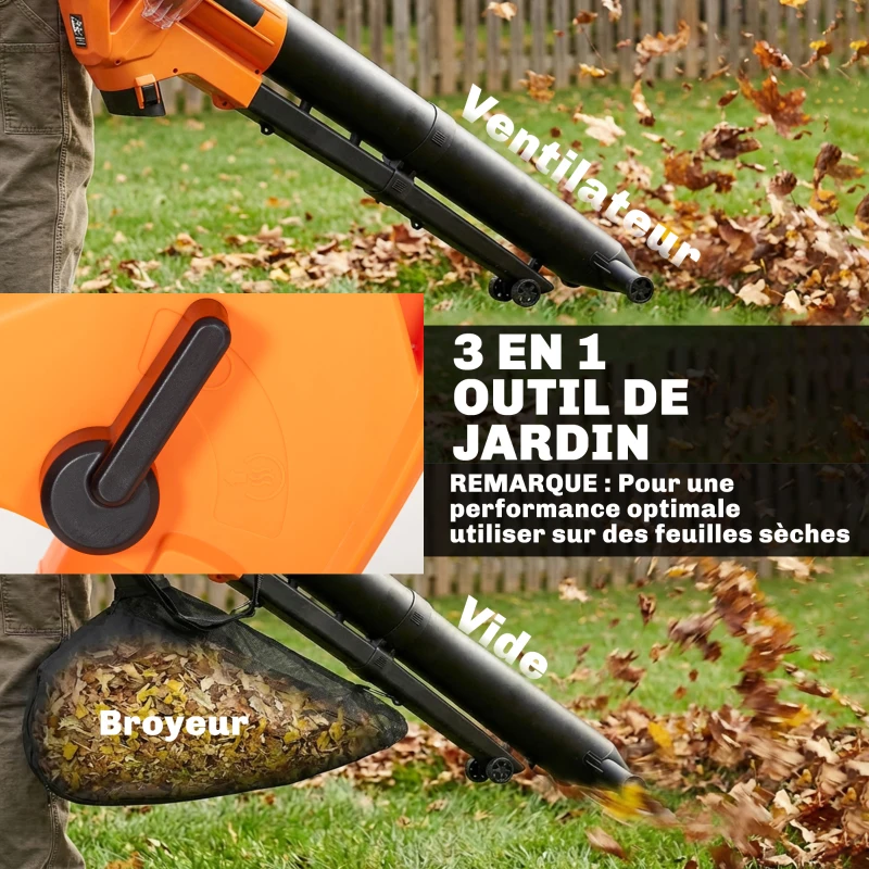 Outsunny Aspirateur-souffleur de feuilles filaire 3000w 3-en-1 avec fonction broyage, sac de collecte 40l, 4 roues, vert